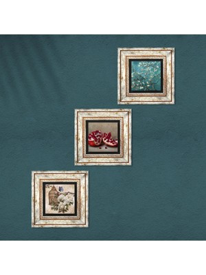 Pinecone Van Gogh Badem Ağacı, Kelebekli Çiçek, Nar Taş Duvar Tablosu Çerçeveli Duvar Dekoru 3 Parça Tablo Seti Wall Art T3-1083