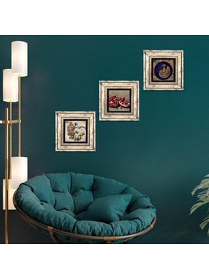 Pinecone Stone Tavus Kuşu, Kelebekli Çiçek, Nar Çerçeveli Taş Duvar Tablosu 3’lü Set - Dekoratif Modern Sanat, Ev ve Ofis Dekoru |TK3-1094|