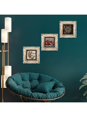Pinecone Stone Sri Yantra, Kelebekli Çiçek, Nar Çerçeveli Taş Duvar Tablosu 3’lü Set - Dekoratif Modern Sanat, Ev ve Ofis Dekoru |TK3-1097|