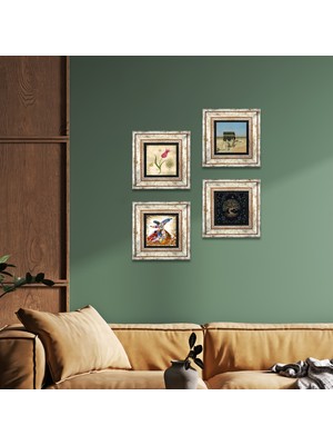 Pinecone Stone Hayat Ağacı, Lale, Kabe-i Muazzama, Semazen Çerçeveli Taş Duvar Tablosu 4’lü Set - Dekoratif Modern Sanat, Ev ve Ofis Dekoru |TK4-390|