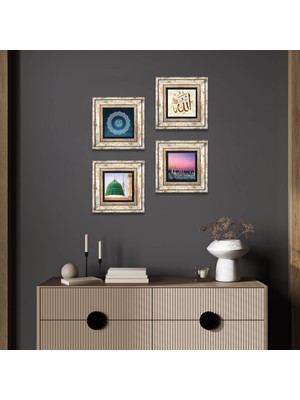 Pinecone Stone Kelime-i Tevhid, Allah Lafzı, Ravza-i Mutahhara Çerçeveli Taş Duvar Tablosu 4’lü Set - Dekoratif Modern Sanat, Ev ve Ofis Dekoru |TK4-1318|
