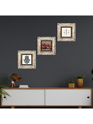 Pinecone Stone Elif, Nar, Fatma Ana Eli (Hamsa) Çerçeveli Taş Duvar Tablosu 3’lü Set - Dekoratif Modern Sanat, Ev ve Ofis Dekoru |TK3-735|