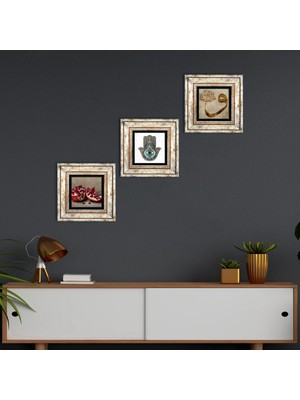 Pinecone Stone Vav, Nar, Fatma Ana Eli (Hamsa) Çerçeveli Taş Duvar Tablosu 3’lü Set - Dekoratif Modern Sanat, Ev ve Ofis Dekoru |TK3-736|