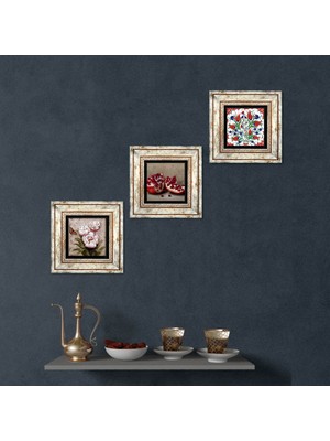Pinecone Stone Çini Sanatı Lale, Kelebekli Çiçek, Nar Çerçeveli Taş Duvar Tablosu 3’lü Set - Dekoratif Modern Sanat, Ev ve Ofis Dekoru |TK3-1246|