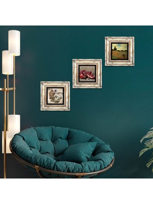 Pinecone Stone Claude Monet Gelincikler, Kelebekli Çiçek, Nar Çerçeveli Taş Duvar Tablosu 3’lü Set - Dekoratif Modern Sanat, Ev ve Ofis Dekoru |TK3-1109|