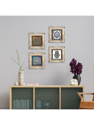 Pinecone Stone Yaşam Çiçeği, Çini Sanatı, Fatma Ana Eli (Hamsa) Çerçeveli Taş Duvar Tablosu 4’lü Set - Dekoratif Modern Sanat, Ev ve Ofis Dekoru |TK4-402|