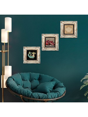 Pinecone Lotus Çiçeği, Şahmeran, Nar Taş Duvar Tablosu Çerçeveli Duvar Dekoru 3 Parça Tablo Seti Wall Art T3-997