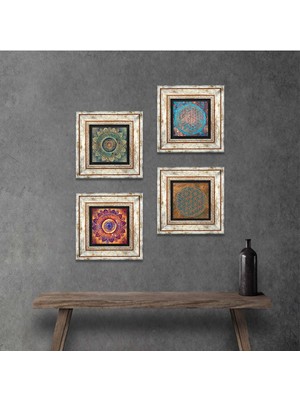 Pinecone Stone Mandala, Yaşam Çiçeği Çerçeveli Taş Duvar Tablosu 4’lü Set - Dekoratif Modern Sanat, Ev ve Ofis Dekoru |TK4-712|
