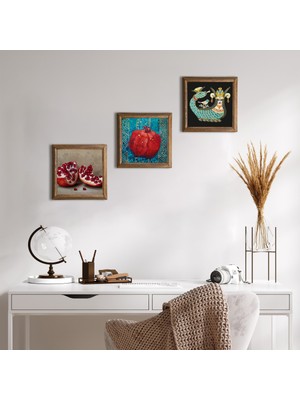 Pinecone Stone Şahmeran, Nar Ahşap Çerçeveli Taş Duvar Tablosu 3’lü Set – 25x25 cm Dekoratif Modern Sanat – Ev ve Ofis Dekoru |W3-786|