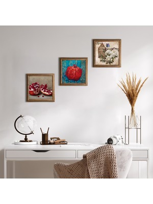 Pinecone Stone Kelebekli Çiçek, Nar Ahşap Çerçeveli Taş Duvar Tablosu 3’lü Set – 25x25 cm Dekoratif Modern Sanat – Ev ve Ofis Dekoru |W3-788|