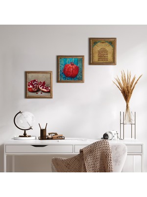 Pinecone Stone Ayet-el Kürsi, Nar Ahşap Çerçeveli Taş Duvar Tablosu 3’lü Set – 25x25 cm Dekoratif Modern Sanat – Ev ve Ofis Dekoru |W3-805|