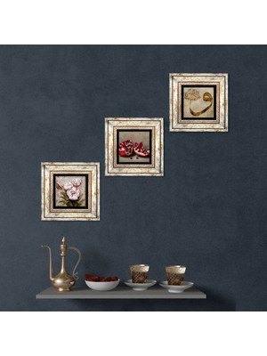 Pinecone Stone Vav, Kelebekli Çiçek, Nar Çerçeveli Taş Duvar Tablosu 3’lü Set - Dekoratif Modern Sanat, Ev ve Ofis Dekoru |TK3-1235|