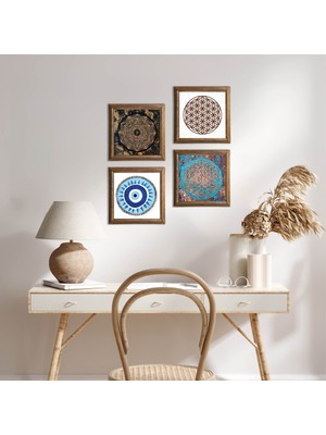 Pinecone Stone Nazar, Sri Yantra, Yaşam Çiçeği Ahşap Çerçeveli Taş Duvar Tablosu 4’lü Set – 25x25 cm Dekoratif Modern Sanat – Ev ve Ofis Dekoru |W4-840|