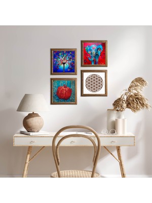 Pinecone Stone Fil, Yaşam Çiçeği, Hayat Ağacı, Nar Ahşap Çerçeveli Taş Duvar Tablosu 4’lü Set – 25x25 cm Dekoratif Modern Sanat – Ev ve Ofis Dekoru |W4-863|