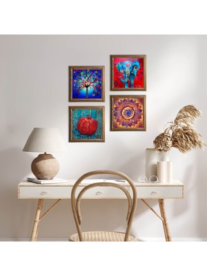 Pinecone Stone Mandala, Fil, Hayat Ağacı, Nar Ahşap Çerçeveli Taş Duvar Tablosu 4’lü Set – 25x25 cm Dekoratif Modern Sanat – Ev ve Ofis Dekoru |W4-868|