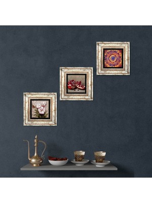 Pinecone Stone Mandala, Kelebekli Çiçek, Nar Çerçeveli Taş Duvar Tablosu 3’lü Set - Dekoratif Modern Sanat, Ev ve Ofis Dekoru |TK3-1257|