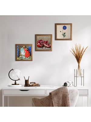 Pinecone Stone Ebru Sanatı, Kaplumbağa Terbiyecisi, Nar Ahşap Çerçeveli Taş Duvar Tablosu 3’lü Set – 25x25 cm Dekoratif Modern Sanat – Ev ve Ofis Dekoru |W3-1540|