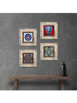 Pinecone Stone Nazar, Hayat Ağacı, Fil, Yaşam Çiçeği Çerçeveli Taş Duvar Tablosu 4’lü Set - Dekoratif Modern Sanat, Ev ve Ofis Dekoru |TK4-899|