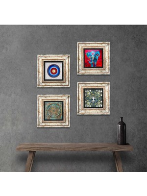 Pinecone Stone Nazar, Hayat Ağacı, Fil, Yaşam Çiçeği Çerçeveli Taş Duvar Tablosu 4’lü Set - Dekoratif Modern Sanat, Ev ve Ofis Dekoru |TK4-895|