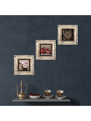 Pinecone Stone Sri Yantra, Kelebekli Çiçek, Nar Çerçeveli Taş Duvar Tablosu 3’lü Set - Dekoratif Modern Sanat, Ev ve Ofis Dekoru |TK3-1251|