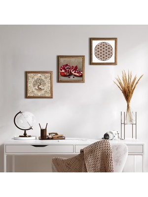 Pinecone Stone Yaşam Çiçeği, Hayat Ağacı, Nar Ahşap Çerçeveli Taş Duvar Tablosu 3’lü Set – 25x25 cm Dekoratif Modern Sanat – Ev ve Ofis Dekoru |W3-925|