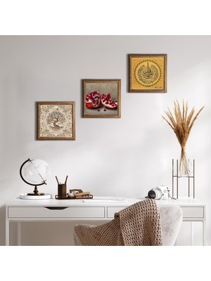 Pinecone Nas Suresi, Hayat Ağacı, Nar Taş Duvar Tablosu Ahşap Çerçeveli Duvar Dekoru 3 Parça Tablo Seti Wall Art W3-949