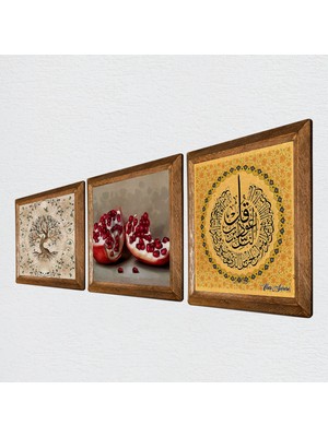 Pinecone Nas Suresi, Hayat Ağacı, Nar Taş Duvar Tablosu Ahşap Çerçeveli Duvar Dekoru 3 Parça Tablo Seti Wall Art W3-949