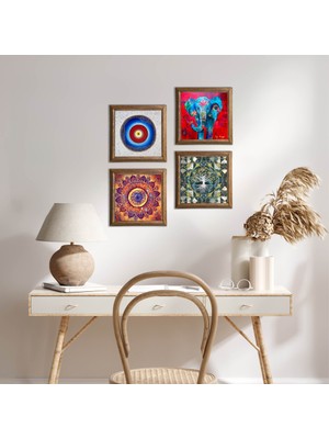 Pinecone Stone Nazar, Hayat Ağacı, Mandala, Fil Ahşap Çerçeveli Taş Duvar Tablosu 4’lü Set – 25x25 cm Dekoratif Modern Sanat – Ev ve Ofis Dekoru |W4-887|