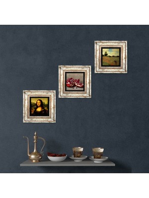 Pinecone Stone Claude Monet Gelincikler, Leonardo da Vinci Mona Lisa, Nar Çerçeveli Taş Duvar Tablosu 3’lü Set - Dekoratif Modern Sanat, Ev ve Ofis Dekoru |TK3-1443|