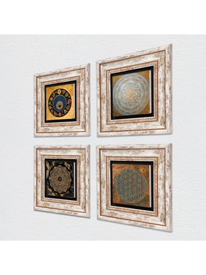 Pinecone Yaşam Çiçeği, Sri Yantra, Nazar Taş Duvar Tablosu Çerçeveli Duvar Dekoru 4 Parça Tablo Seti Wall Art T4-548