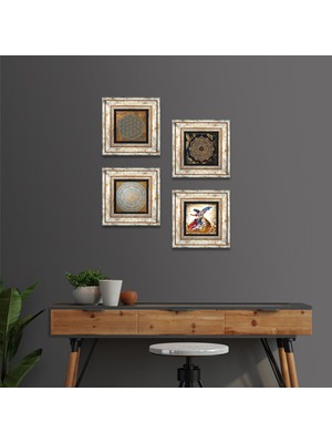 Pinecone Stone Yaşam Çiçeği, Sri Yantra, Semazen Çerçeveli Taş Duvar Tablosu 4’lü Set - Dekoratif Modern Sanat, Ev ve Ofis Dekoru |TK4-550|