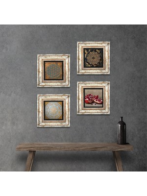 Pinecone Stone Yaşam Çiçeği, Sri Yantra, Nar Çerçeveli Taş Duvar Tablosu 4’lü Set - Dekoratif Modern Sanat, Ev ve Ofis Dekoru |TK4-553|