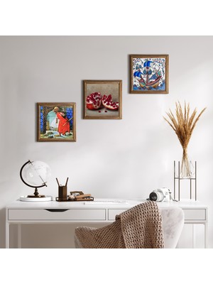 Pinecone Stone Çini Sanatı Yelkenli Gemi, Kaplumbağa Terbiyecisi, Nar Ahşap Çerçeveli Taş Duvar Tablosu 3’lü Set – 25x25 cm Dekoratif Modern Sanat – Ev ve Ofis Dekoru |W3-1547|