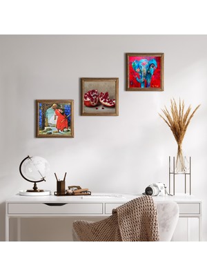 Pinecone Stone Fil, Kaplumbağa Terbiyecisi, Nar Ahşap Çerçeveli Taş Duvar Tablosu 3’lü Set – 25x25 cm Dekoratif Modern Sanat – Ev ve Ofis Dekoru |W3-1558|