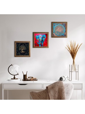 Pinecone Stone Fil, Yaşam Çiçeği, Hayat Ağacı Ahşap Çerçeveli Taş Duvar Tablosu 3’lü Set – 25x25 cm Dekoratif Modern Sanat – Ev ve Ofis Dekoru |W3-157|