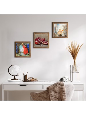 Pinecone Stone Salvador Dalí, Kaplumbağa Terbiyecisi, Nar Ahşap Çerçeveli Taş Duvar Tablosu 3’lü Set – 25x25 cm Dekoratif Modern Sanat – Ev ve Ofis Dekoru |W3-1581|