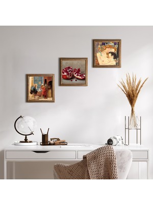 Pinecone Stone Gustav Klimt Anne Çocuk, Satranç Oyunu, Nar Ahşap Çerçeveli Taş Duvar Tablosu 3’lü Set – 25x25 cm Dekoratif Modern Sanat – Ev ve Ofis Dekoru |W3-1586|