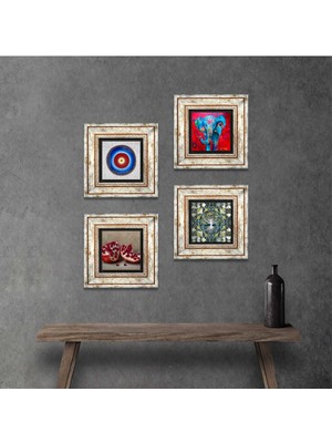 Pinecone Stone Nazar, Hayat Ağacı, Fil, Nar Çerçeveli Taş Duvar Tablosu 4’lü Set - Dekoratif Modern Sanat, Ev ve Ofis Dekoru |TK4-912|
