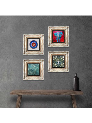 Pinecone Stone Nazar, Hayat Ağacı, Fil, Van Gogh Badem Ağacı Çerçeveli Taş Duvar Tablosu 4’lü Set - Dekoratif Modern Sanat, Ev ve Ofis Dekoru |TK4-903|