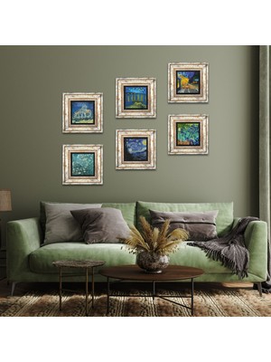 Pinecone Van Gogh Taş Duvar Tablosu Çerçeveli Duvar Dekoru 6 Parça Tablo Seti Wall Art T6-48