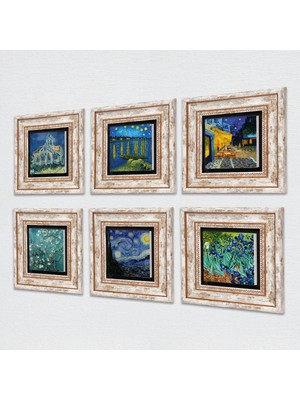 Pinecone Van Gogh Taş Duvar Tablosu Çerçeveli Duvar Dekoru 6 Parça Tablo Seti Wall Art T6-48