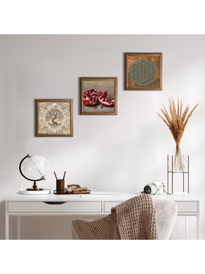 Pinecone Stone Yaşam Çiçeği, Hayat Ağacı, Nar Ahşap Çerçeveli Taş Duvar Tablosu 3’lü Set – 25x25 cm Dekoratif Modern Sanat – Ev ve Ofis Dekoru |W3-953|
