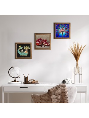 Pinecone Stone Hayat Ağacı, Şahmeran, Nar Ahşap Çerçeveli Taş Duvar Tablosu 3’lü Set – 25x25 cm Dekoratif Modern Sanat – Ev ve Ofis Dekoru |W3-979|