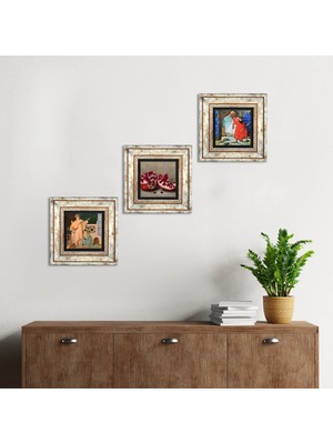 Pinecone Stone Kaplumbağa Terbiyecisi, İki Müzisyen Kız Tablosu, Nar Çerçeveli Taş Duvar Tablosu 3’lü Set - Dekoratif Modern Sanat, Ev ve Ofis Dekoru |TK3-1461|