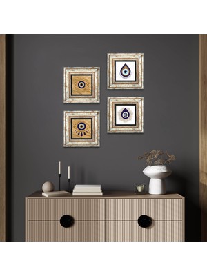 Pinecone Nazar Taş Duvar Tablosu Çerçeveli Duvar Dekoru 4 Parça Tablo Seti Wall Art T4-1073