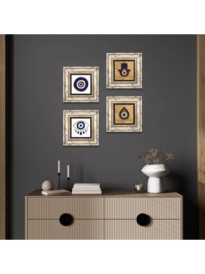 Pinecone Stone Fatma Ana Eli (Hamsa), Nazar Çerçeveli Taş Duvar Tablosu 4’lü Set - Dekoratif Modern Sanat, Ev ve Ofis Dekoru |TK4-1075|
