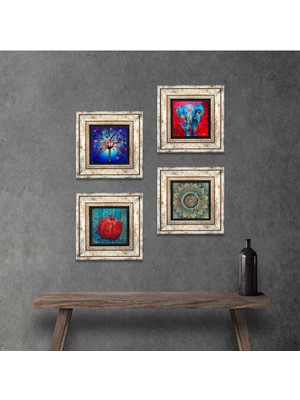 Pinecone Stone Mandala, Fil, Hayat Ağacı, Nar Çerçeveli Taş Duvar Tablosu 4’lü Set - Dekoratif Modern Sanat, Ev ve Ofis Dekoru |TK4-869|