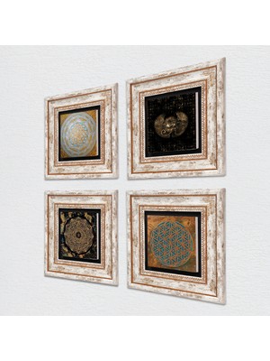 Pinecone Yaşam Çiçeği, Horus'un Gözü, Sri Yantra Taş Duvar Tablosu Çerçeveli Duvar Dekoru 4 Parça Tablo Seti Wall Art T4-571