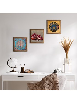 Pinecone Stone Yaşam Çiçeği, Nazar Boncuğu, Nar Ahşap Çerçeveli Taş Duvar Tablosu 3’lü Set – 25x25 cm Dekoratif Modern Sanat – Ev ve Ofis Dekoru |W3-1609|