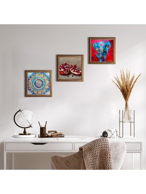 Pinecone Mandala, Fil, Nar Taş Duvar Tablosu Ahşap Çerçeveli Duvar Dekoru 3 Parça Tablo Seti Wall Art W3-1688